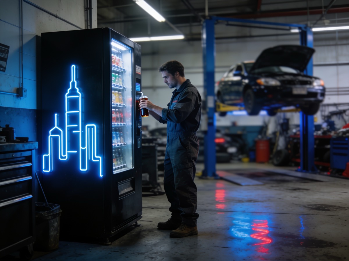 Soda City machine in an auto shop