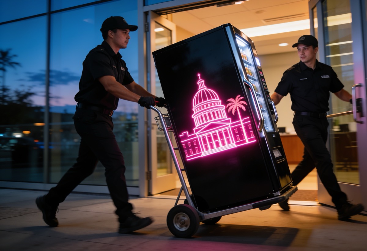 Soda City crew wheeling a machine into a business