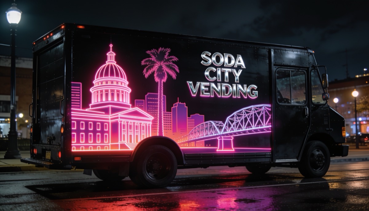Soda City Vending delivery truck on a Columbia street at night